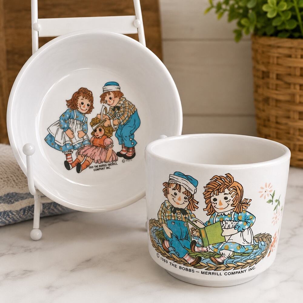 Vintage 1969 Raggedy Ann Andy Oneida Bowl Mug Set Bobbs-Merrill Melamine